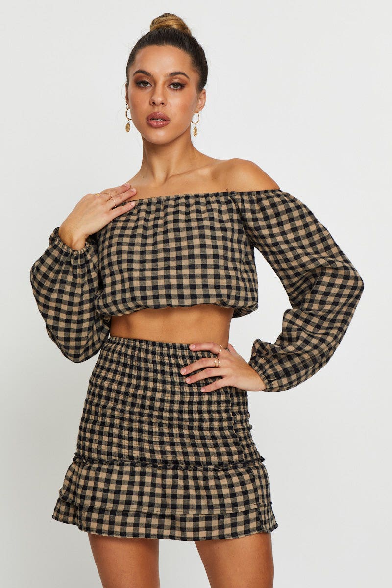Check Top Long Sleeve Crop Off Shoulder