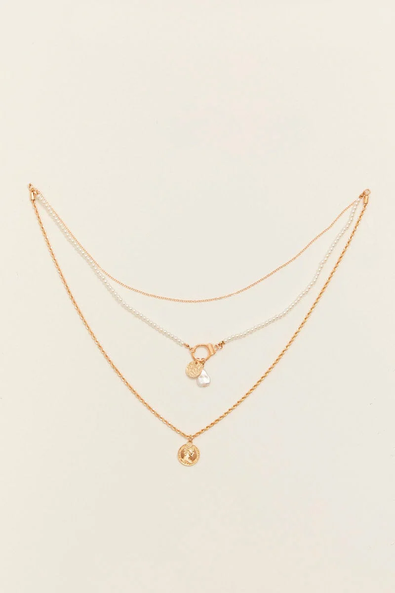 Gold Coin Charm Faux Pearl Layered Necklace