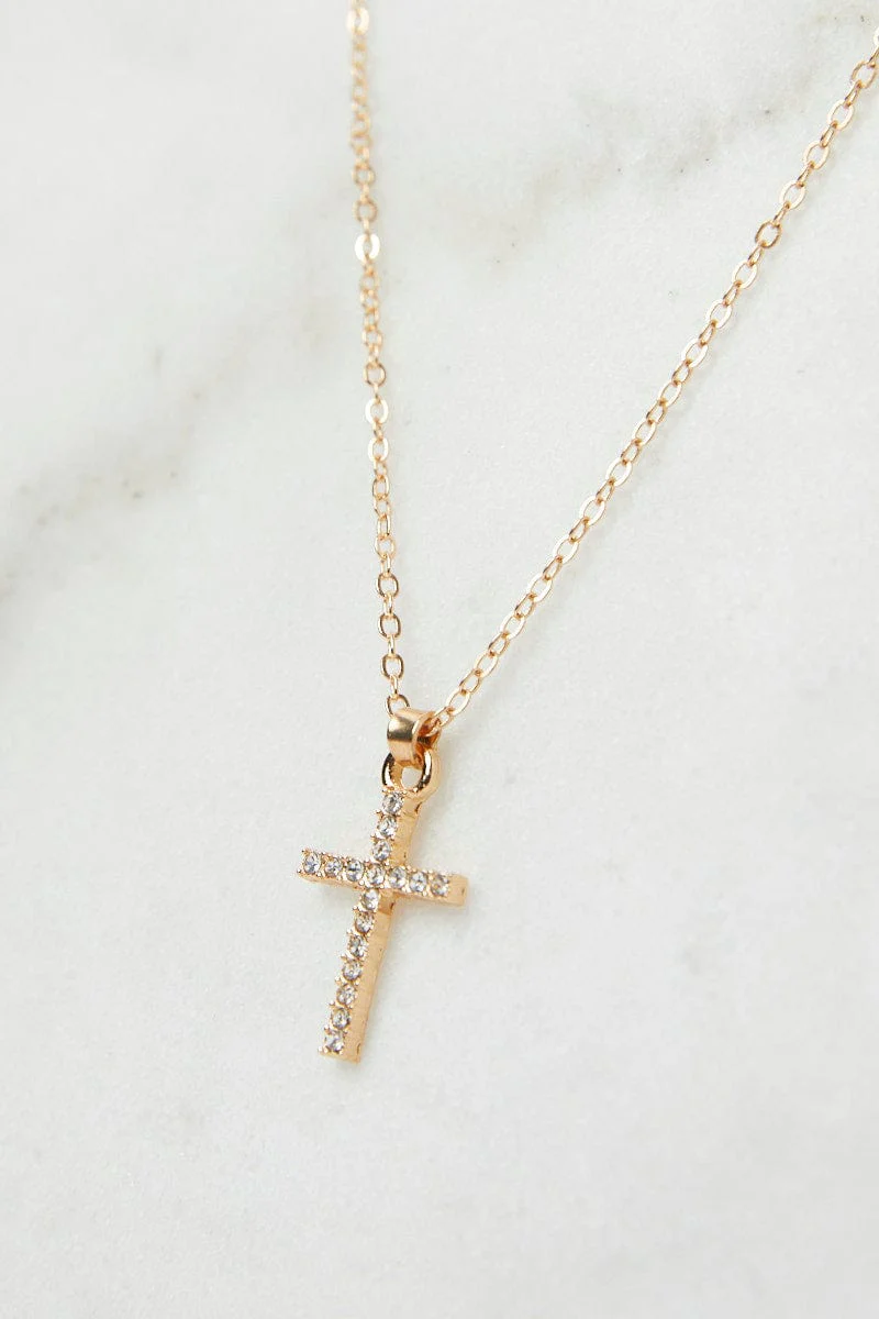 Gold Rhinestones Cross Pendent Necklace