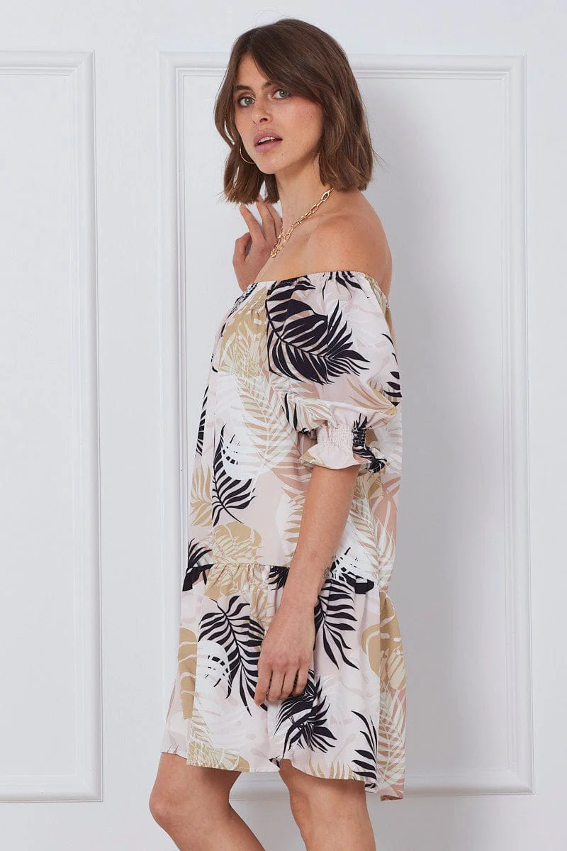 Trop Print Mini Dress Off Shoulder