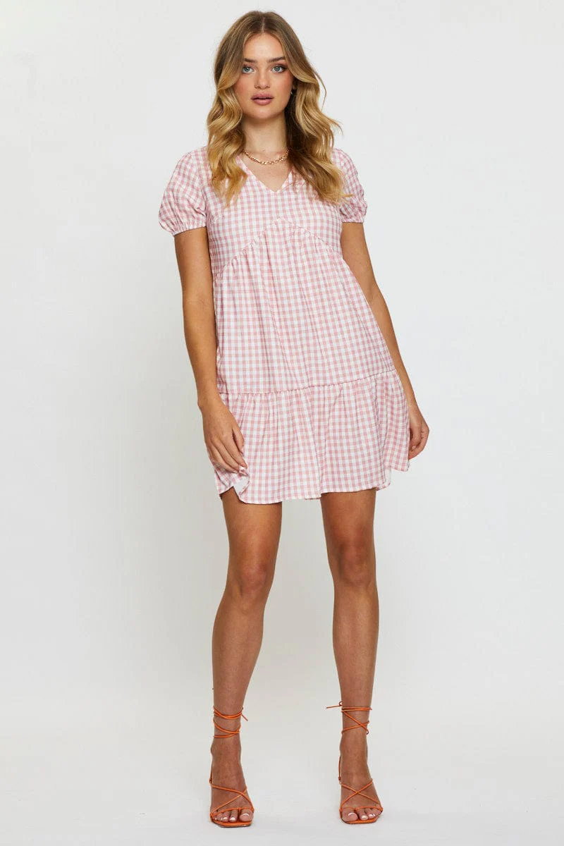 Check Mini Dress V Neck