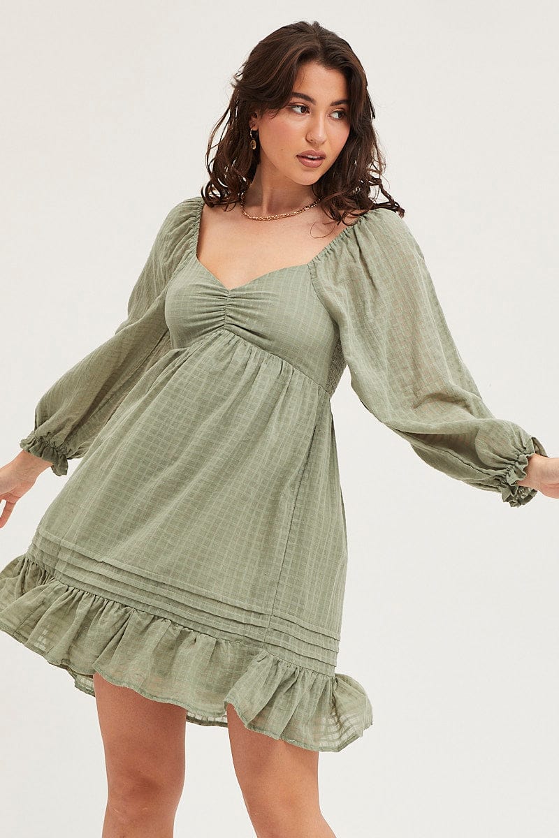 Green Smock Dress Long Sleeve Mini