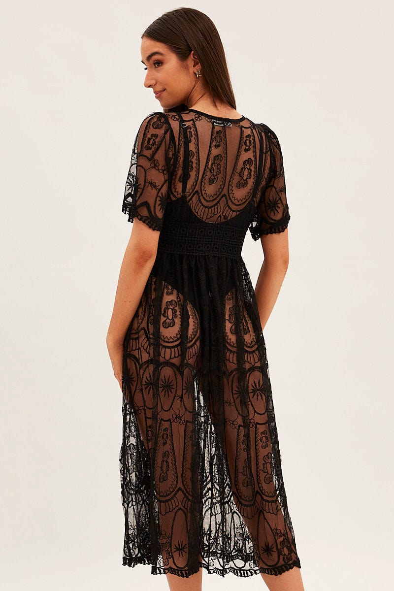Black Lace Kimono Short Sleeve Tie Front Longline