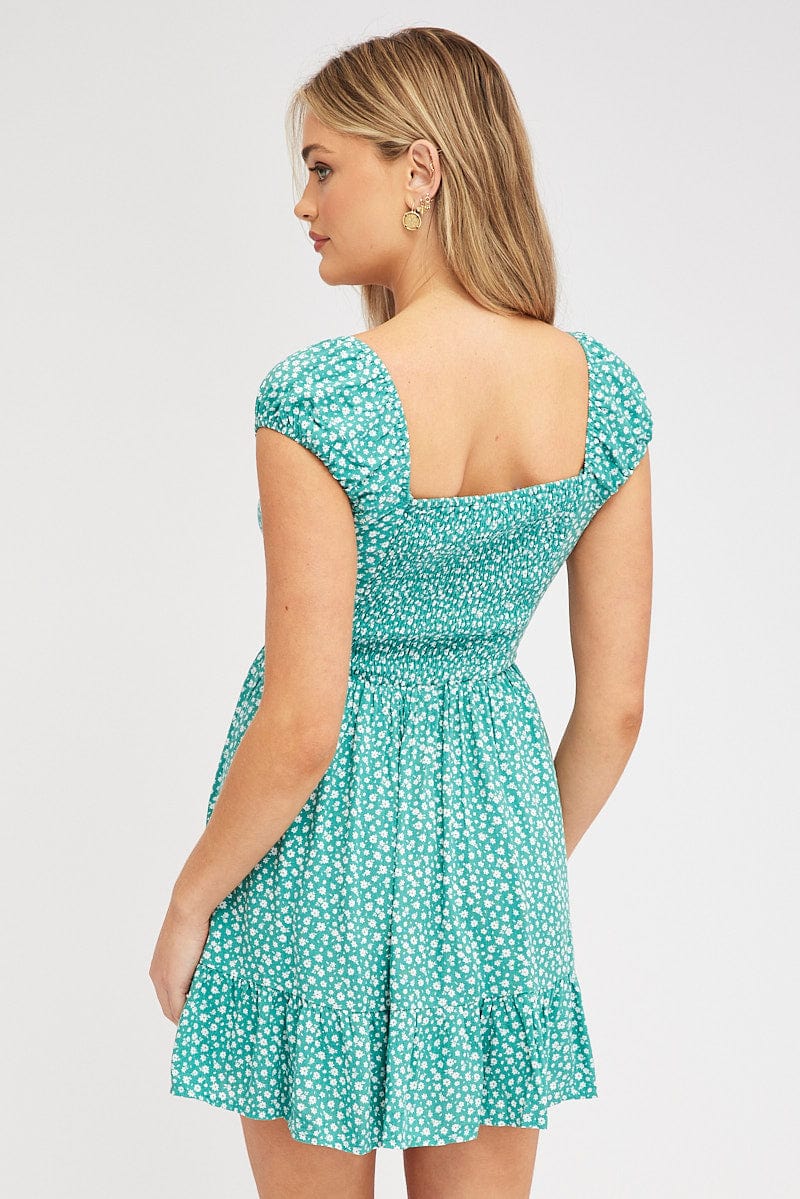 Green Ditsy Fit And Flare Dress Mini