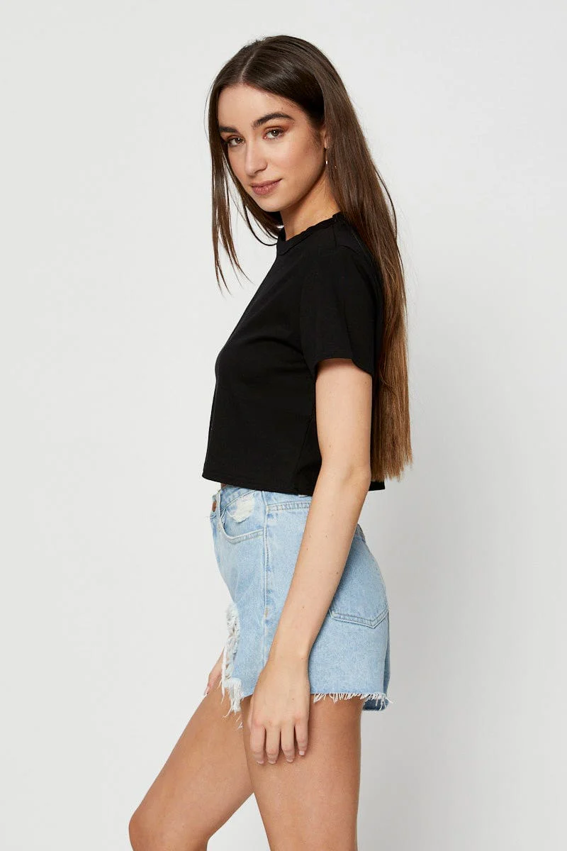 Black T Shirt Short Sleeve Crop Crew Neck Cotton