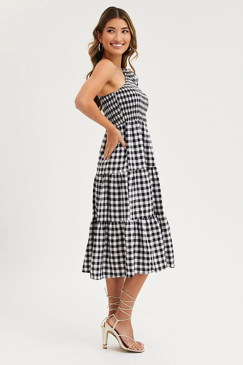 Check Dress One Shoulder Midi