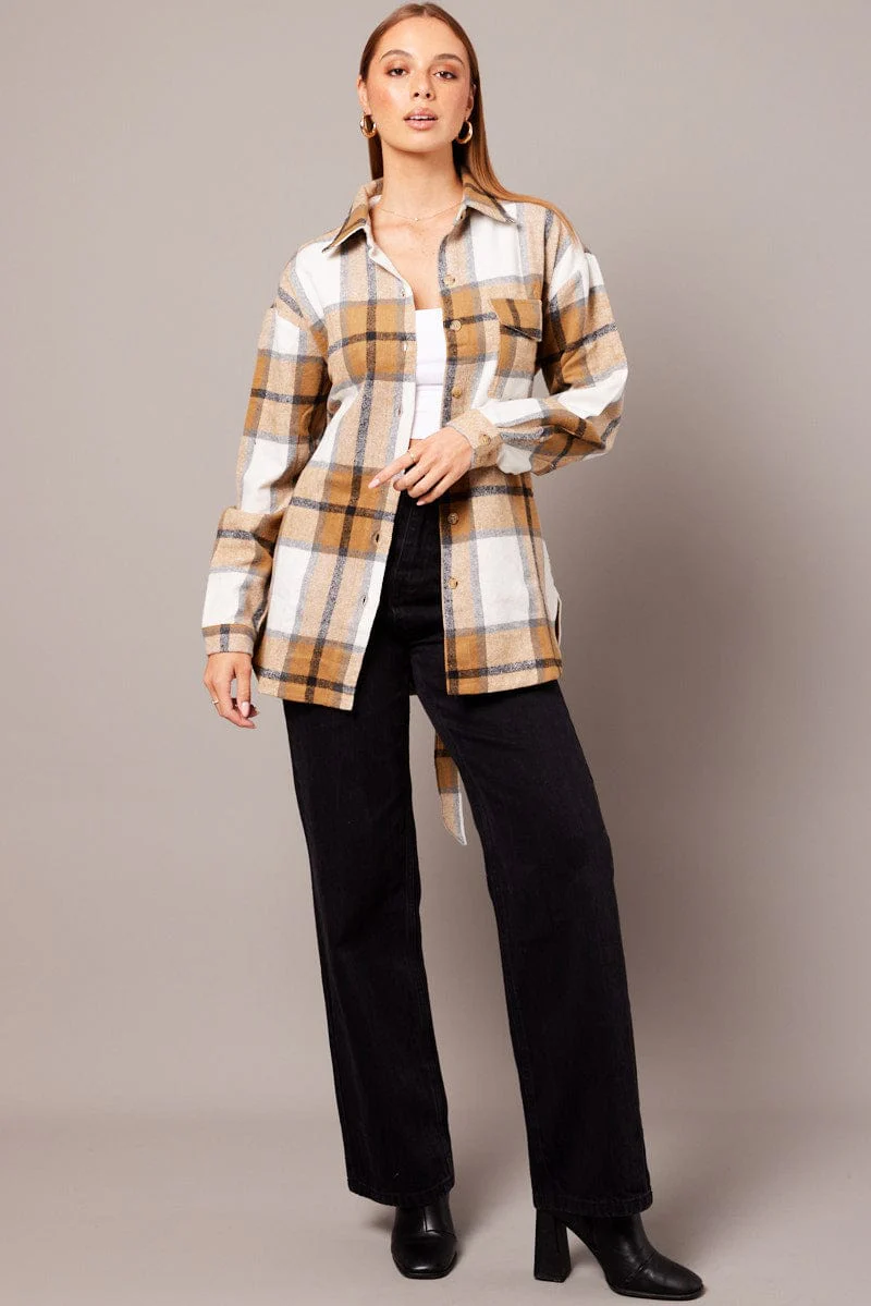Brown Check Shacket Long Sleeve