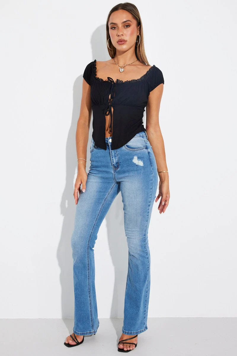 Black Front Tie Top Short Sleeve Rib