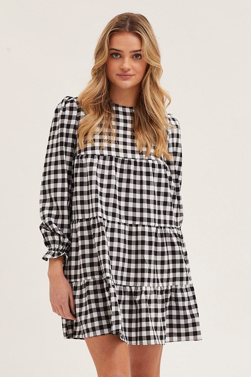 Check Mini Dress Long Sleeve Round Neck