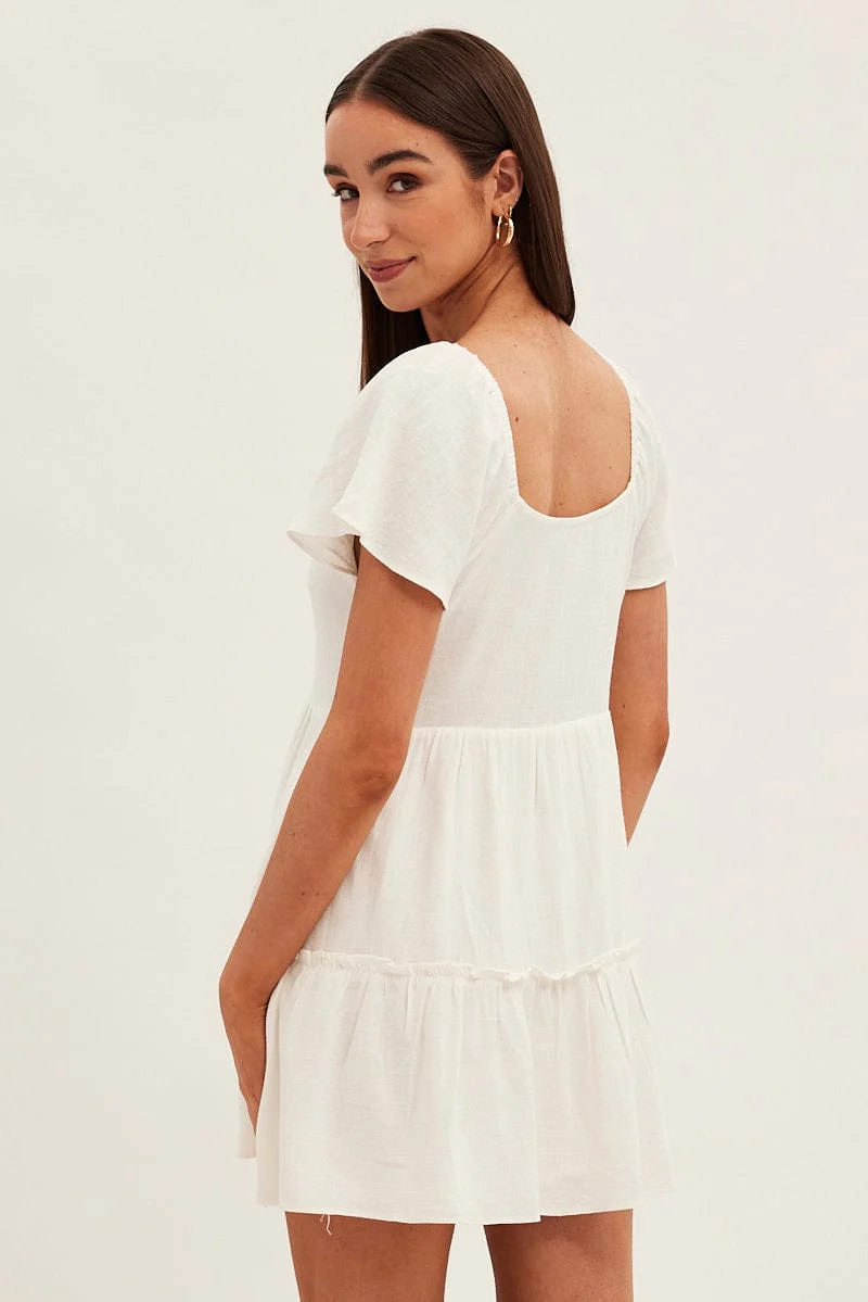 White Dress Square Neck Short Sleeve Tiered Button Front