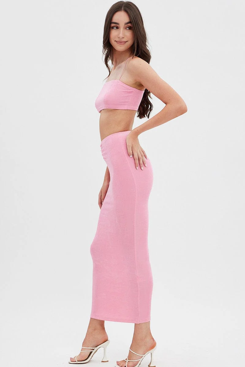 Pink Ruched Midi Skirt