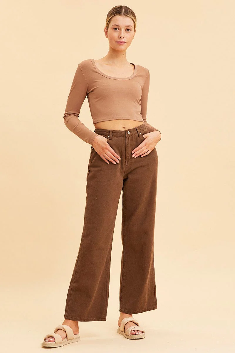 Brown Crop Top Scoop Neck Long Sleeve Rib