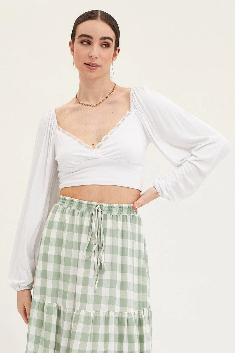 White Top Long Sleeve Lace Trim