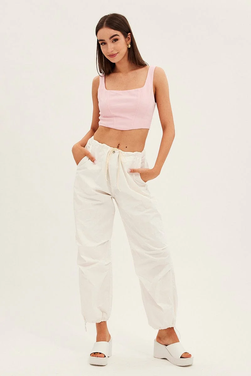 Pink Corset Top Shirred Back Sleeveless Crop Jersey