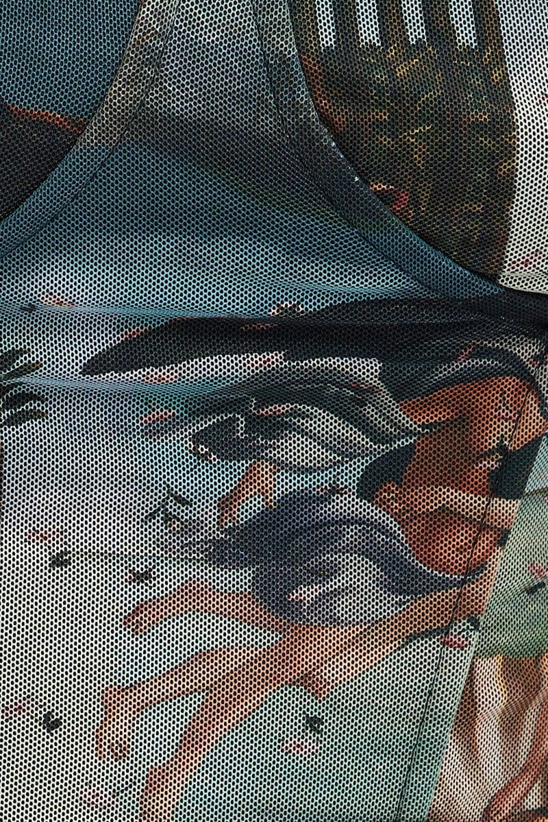 Multi Print Crop Top Long Sleeve Sweetheart Mesh Shirred