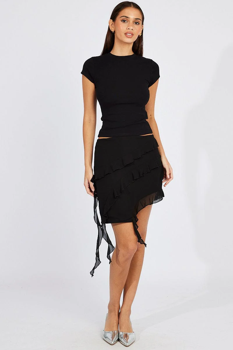 Black T Shirt Short Sleeve Crew Neck Cotton Rib