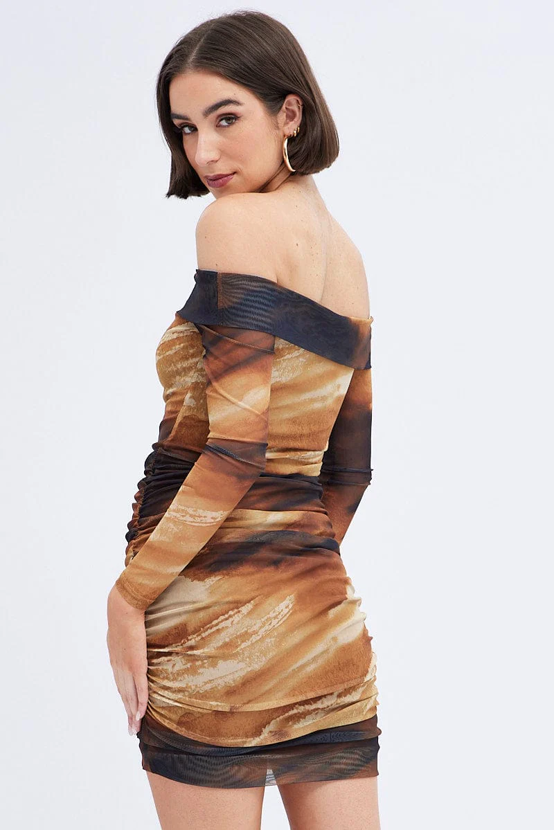 Brown Abstract Mini Dress Bardot Off Shoulder Bodycon Ruched