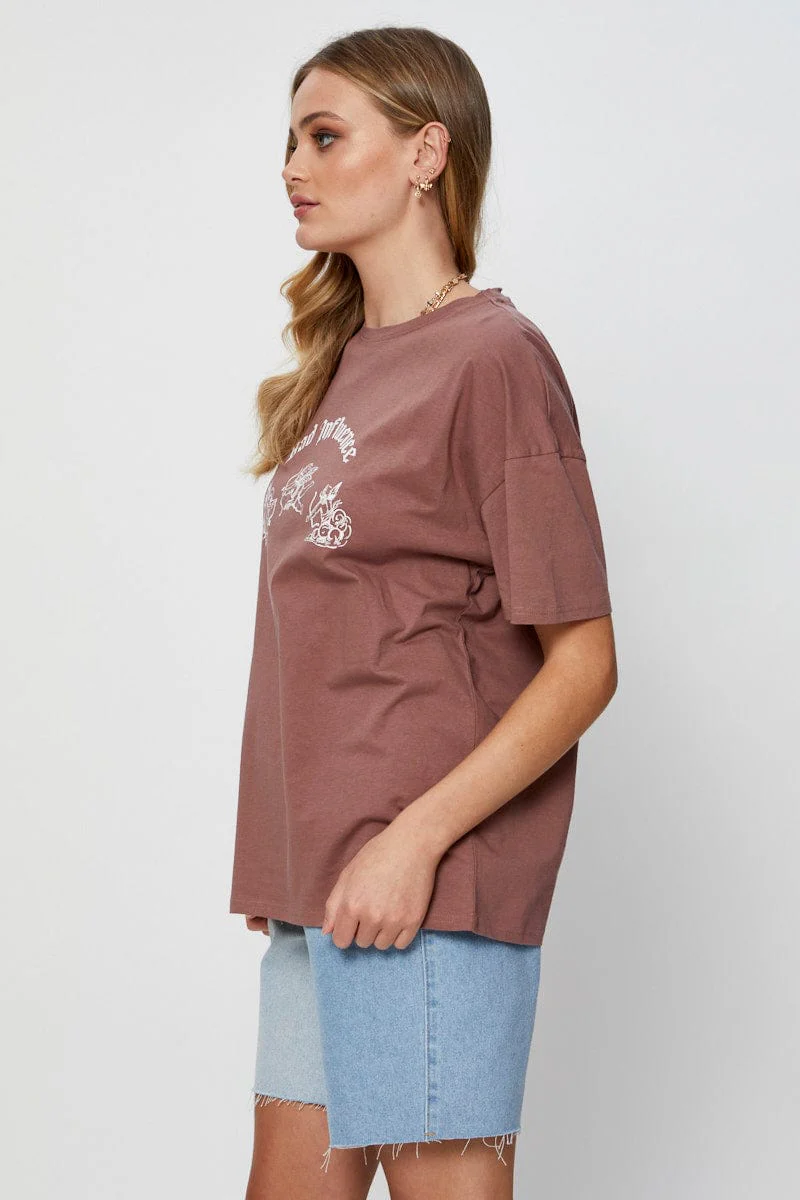 Brown Graphic T Shirt Short Sleeve Crop