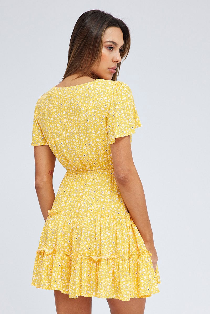 Yellow Ditsy Fit And Flare Dress Short Sleeve Mini