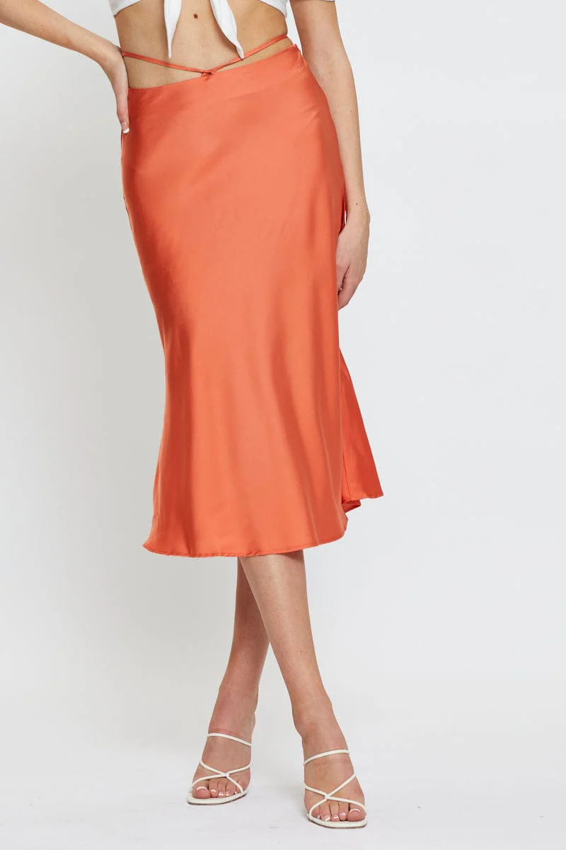 Orange Sarin Waist Tie Slip Midi Skirt