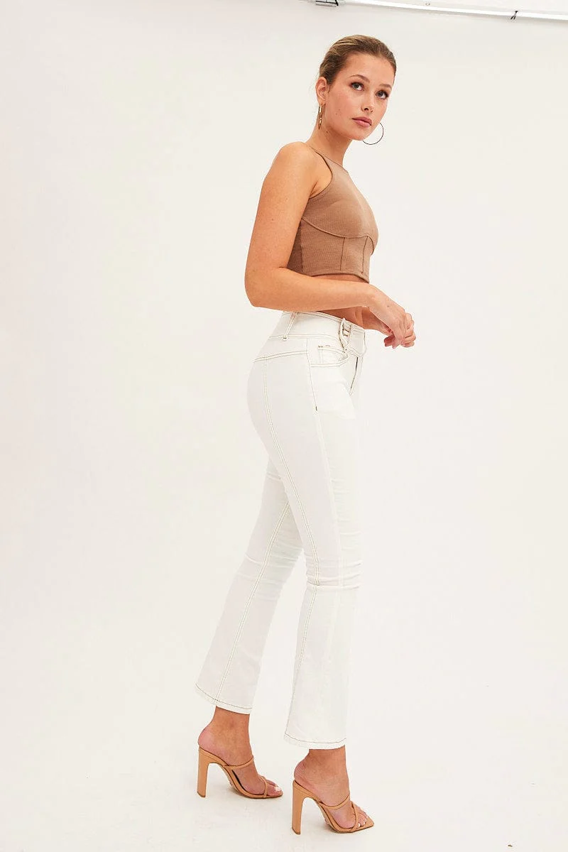 White Low Waist Belted Flared Jeans