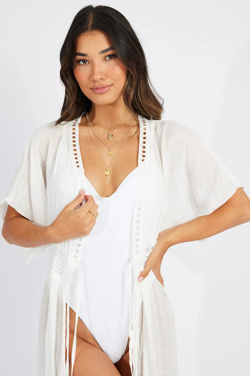 White Tie Front Kimono Short Sleeve Longline