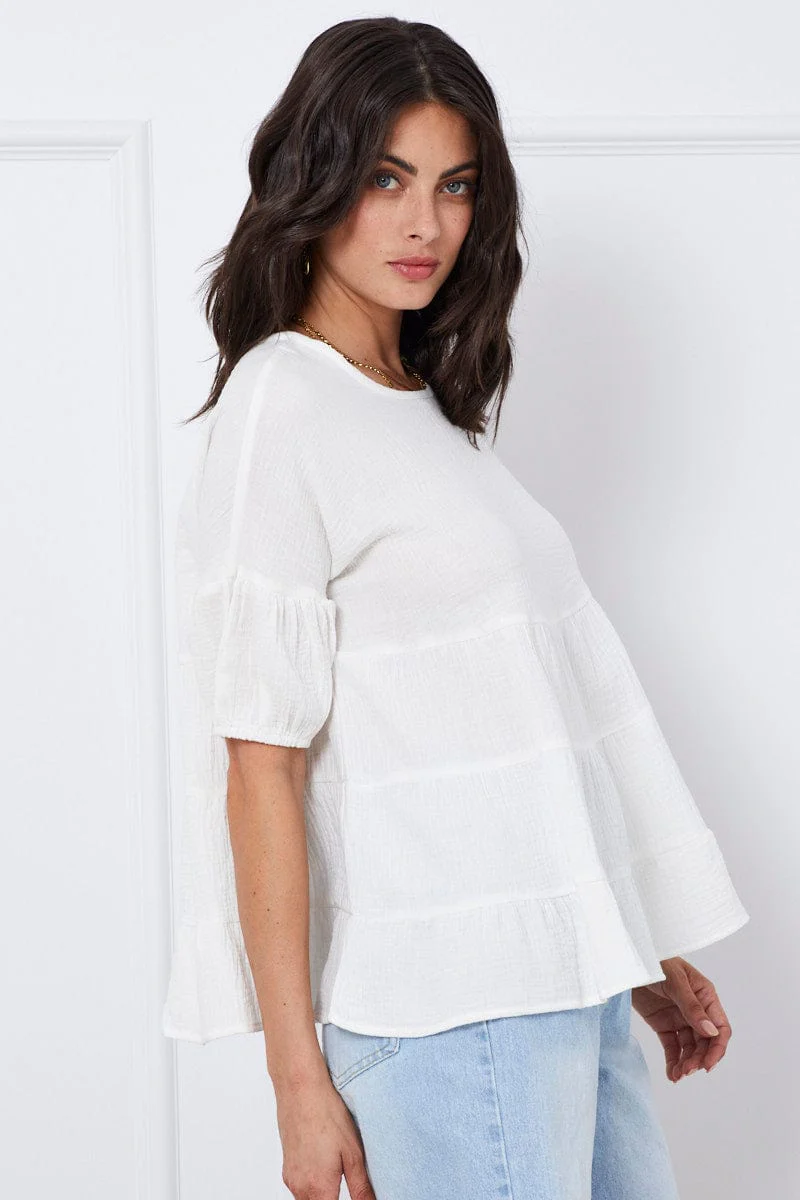 White Relaxed Top Short Sleeve Square Neck