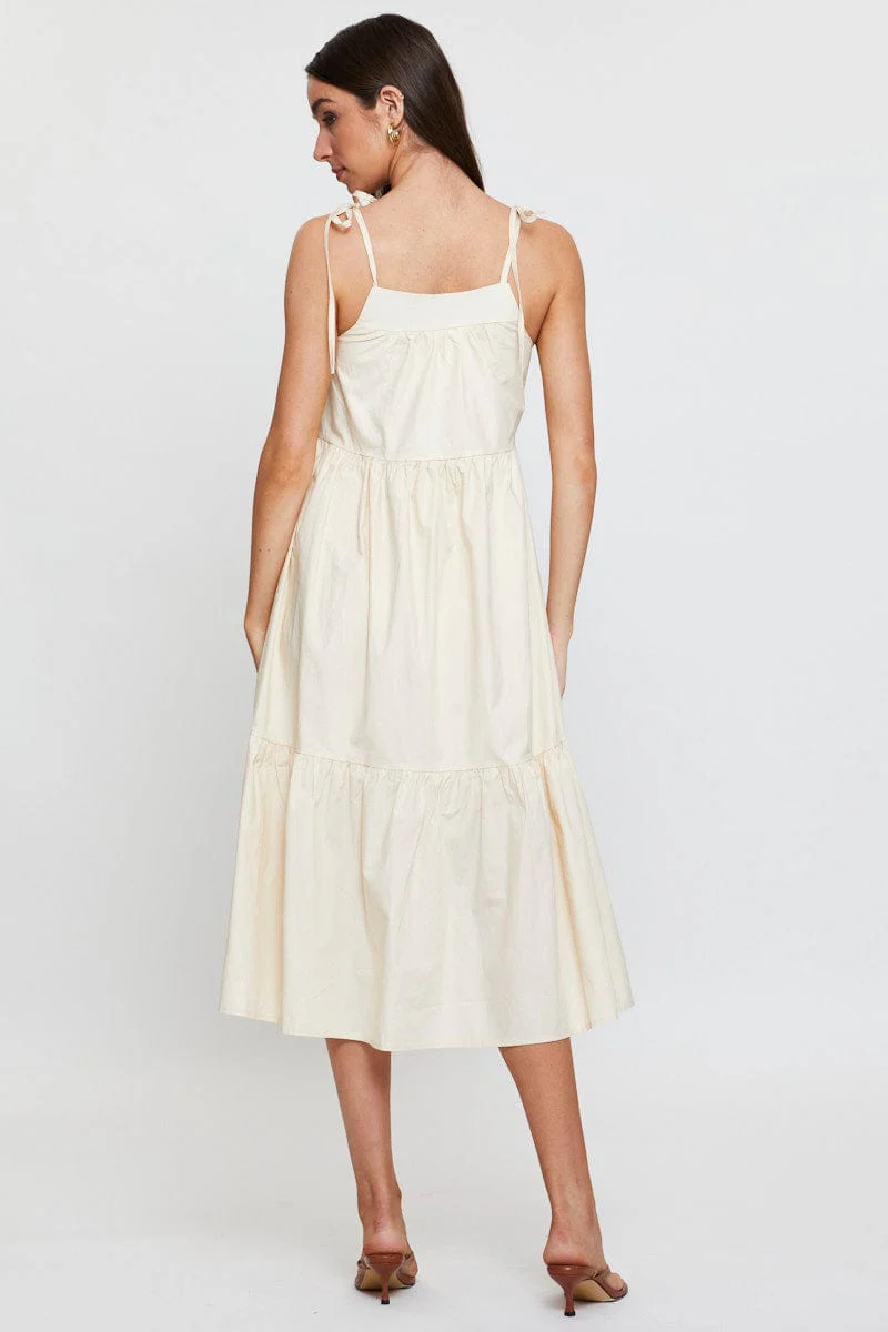 Beige Midi Dress Sleeveless Tie Shoulder