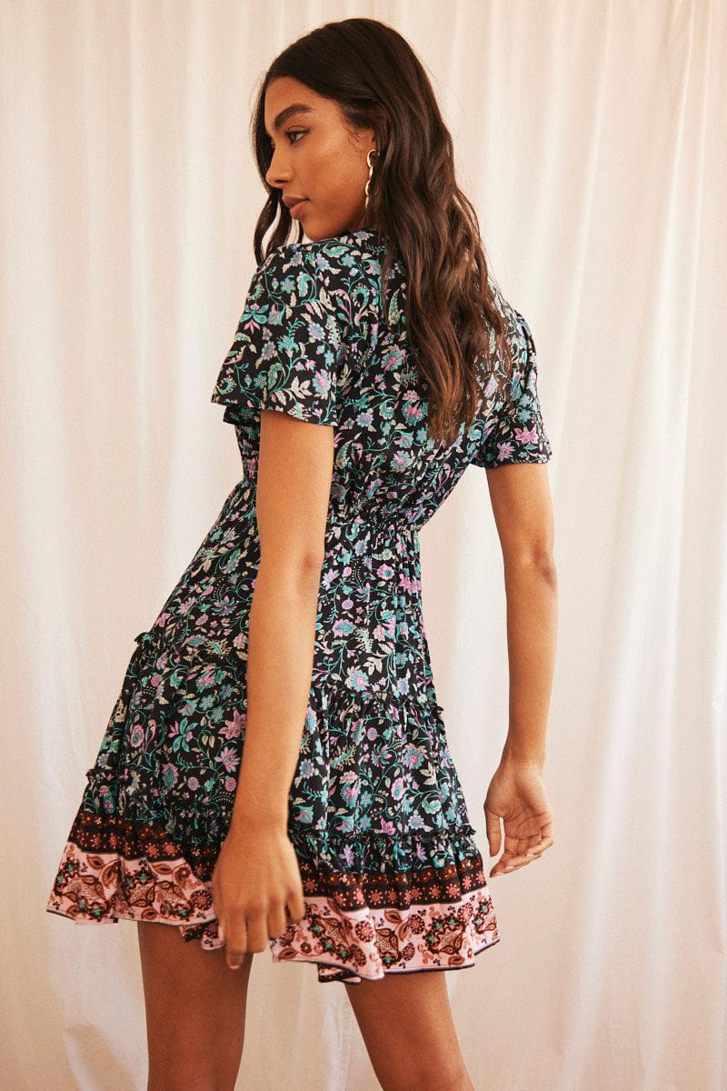 Black Mini Dress Fit & Flare Short Sleeve V-Neck