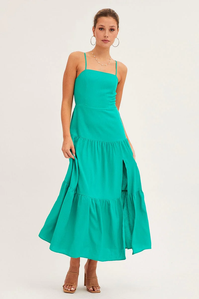 Green Maxi Dress Sleeveless Square Neck Linen Blend