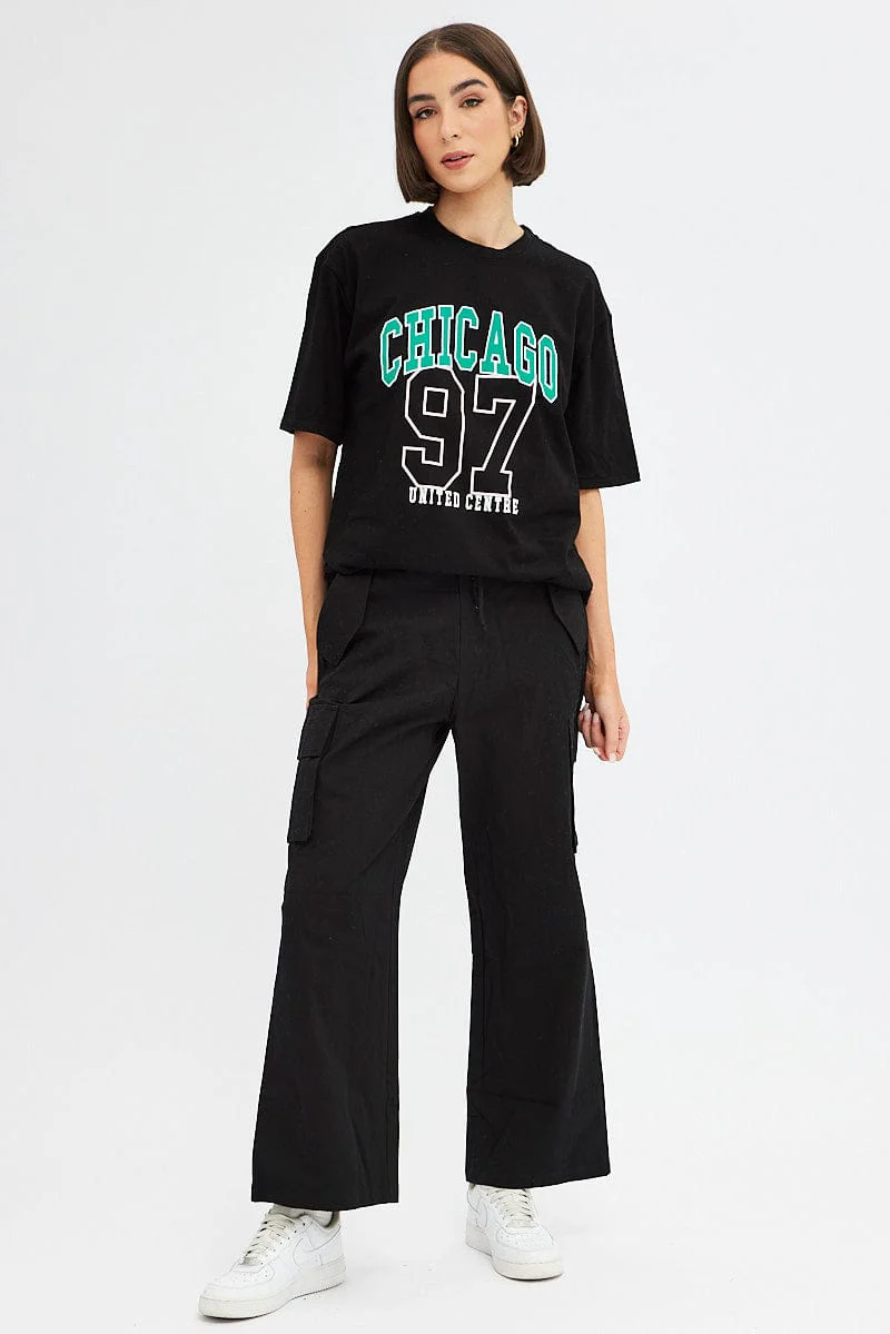 Black Chicago Tee Short Sleeve  Round Neck Embroidered