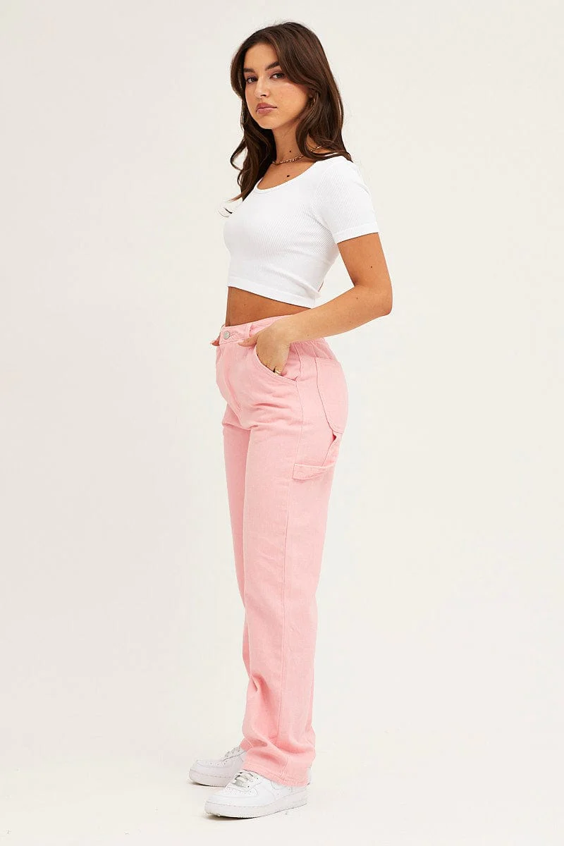 Pink Carpenter Denim Jeans High Rise