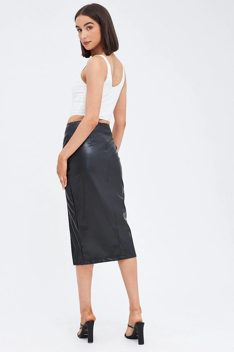 Black Midi Skirt Front Split Faux Leather