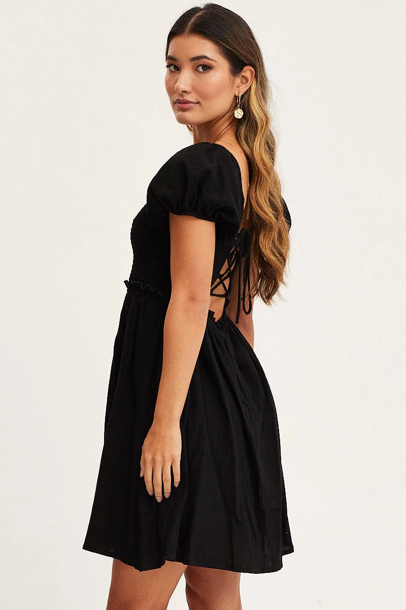 Black Mini Dress Short Sleeve Square Neck
