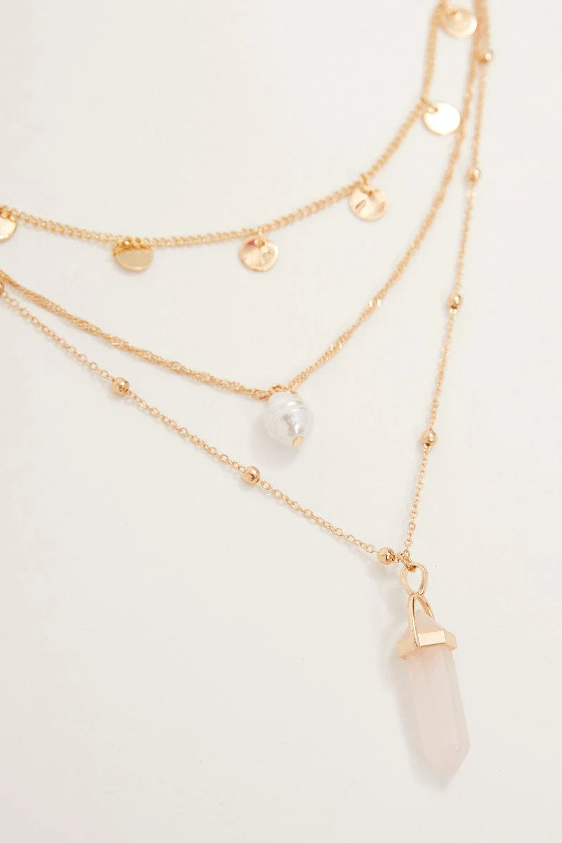 Rose Quartz Pendant Layered Chain Necklace