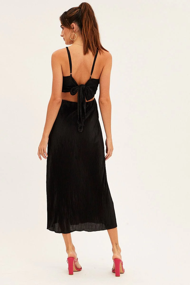 Black Plisse Midi Dress Tie Back