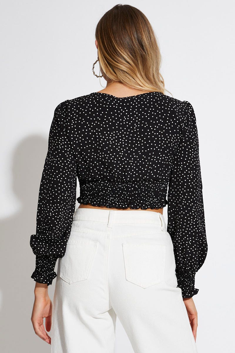Print Crop Top Long Sleeve Square Neck