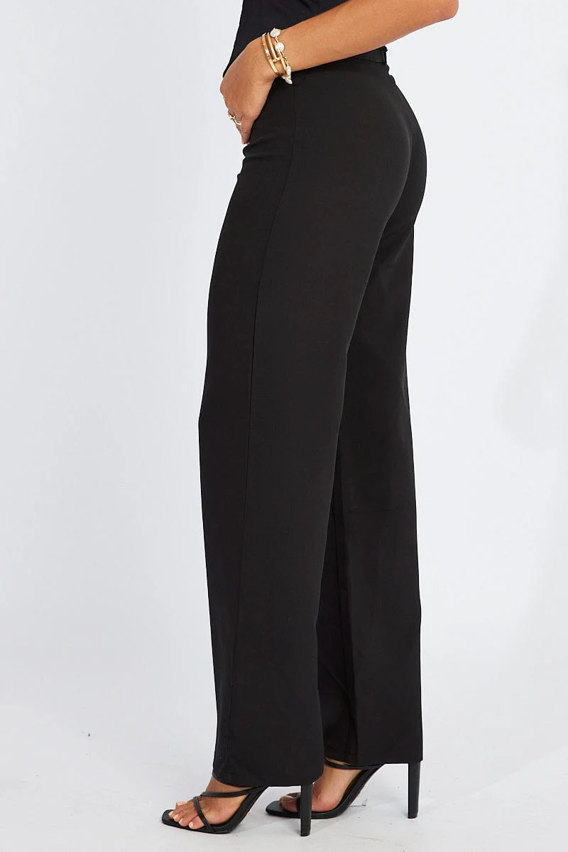 Black Straight Fit Pants Mid Rise