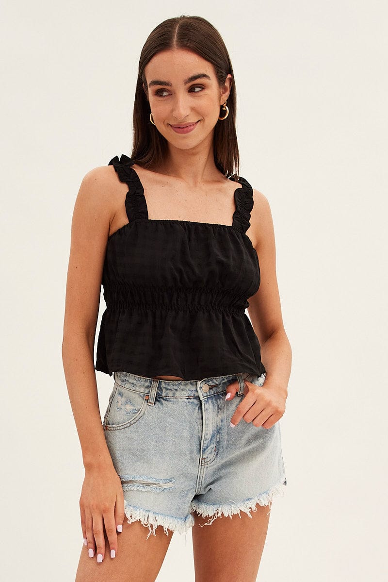 Black Ruffle Top Self Check Strap Gathered Waist Crop