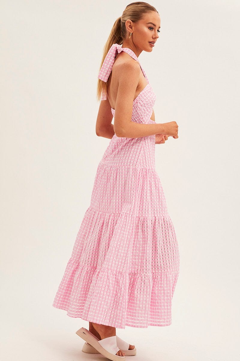 Pink Maxi Dress Tiered Halter