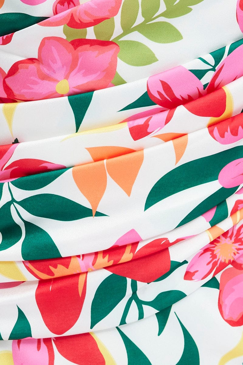 Multi Floral Ruched Dress Strapless Bandeau Ruffle Mini