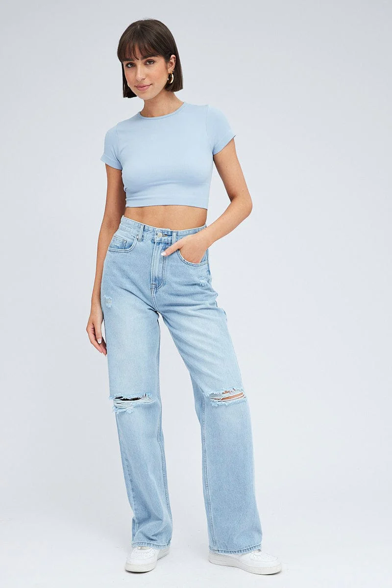Blue T Shirt Short Sleeve Crew Neck Seamless