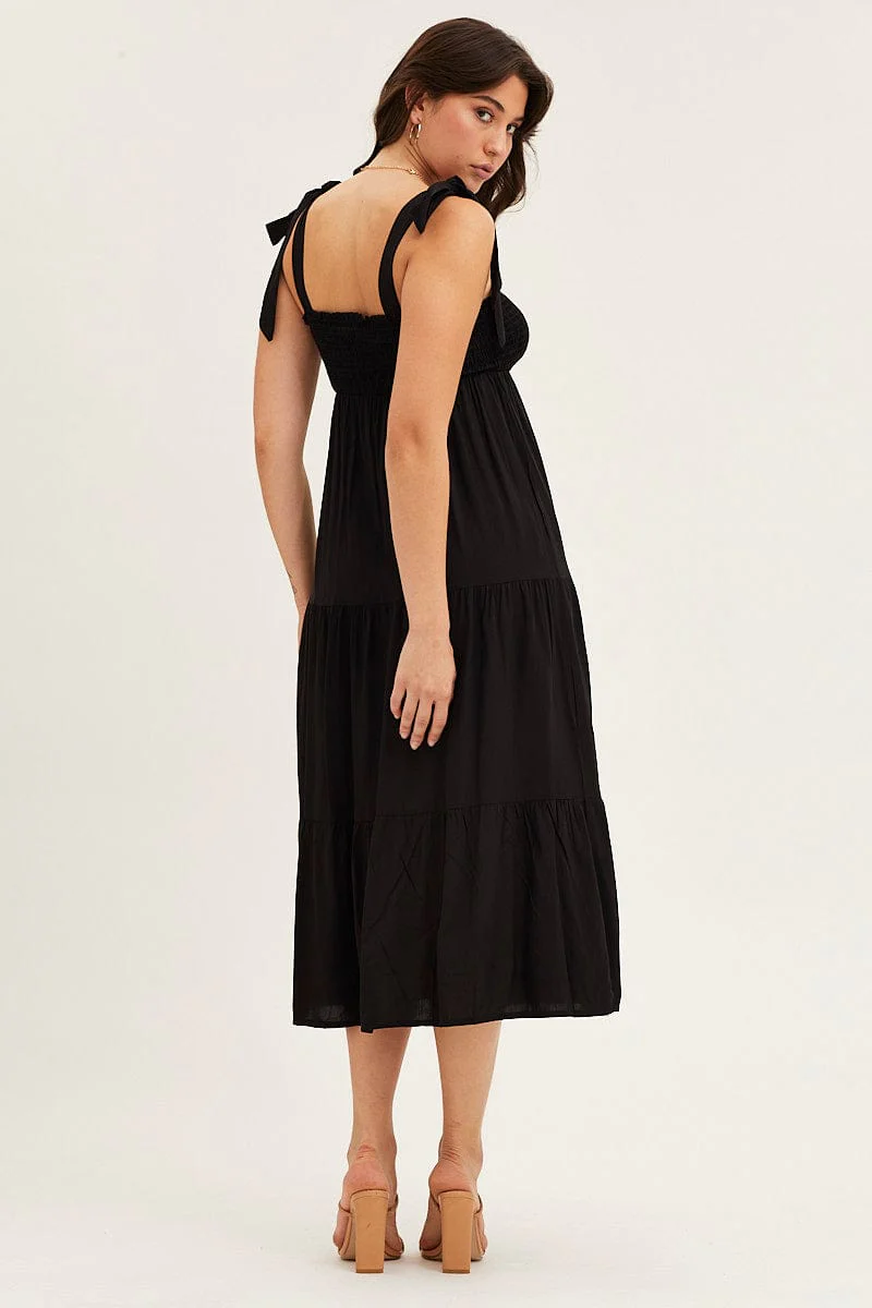 Black Tied Shoulder Tiered Midi Dress