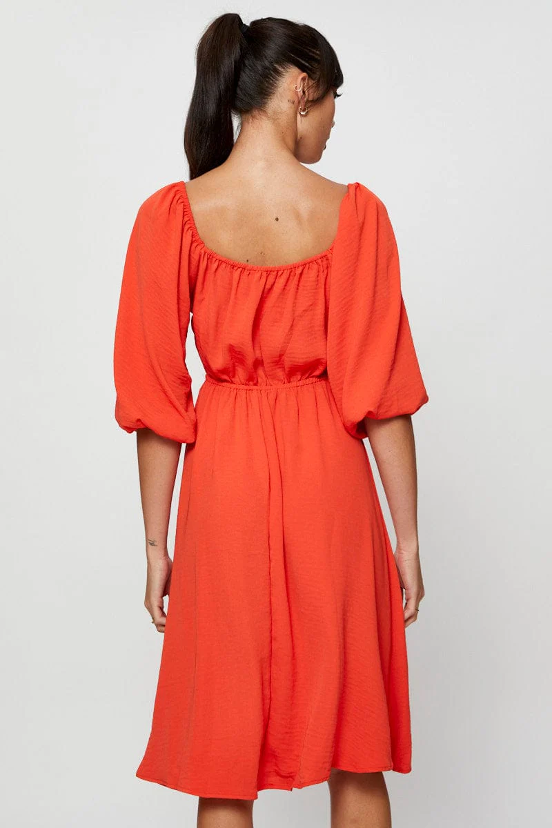 Red Midi Dress Short Sleeve Sweetheart Neckline