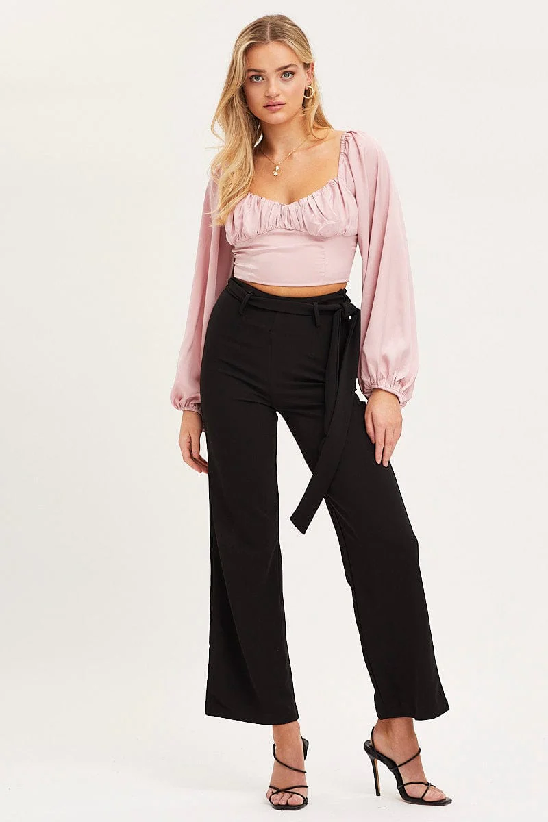 Pink Puff Sleeve Top Long Sleeve Crop Satin