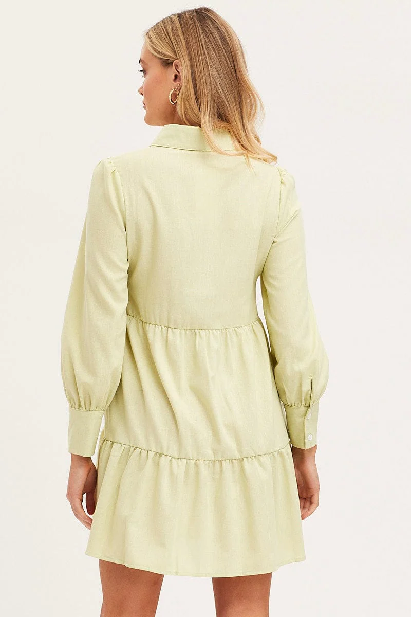 Green Shirt Dress Long Sleeve Button Front