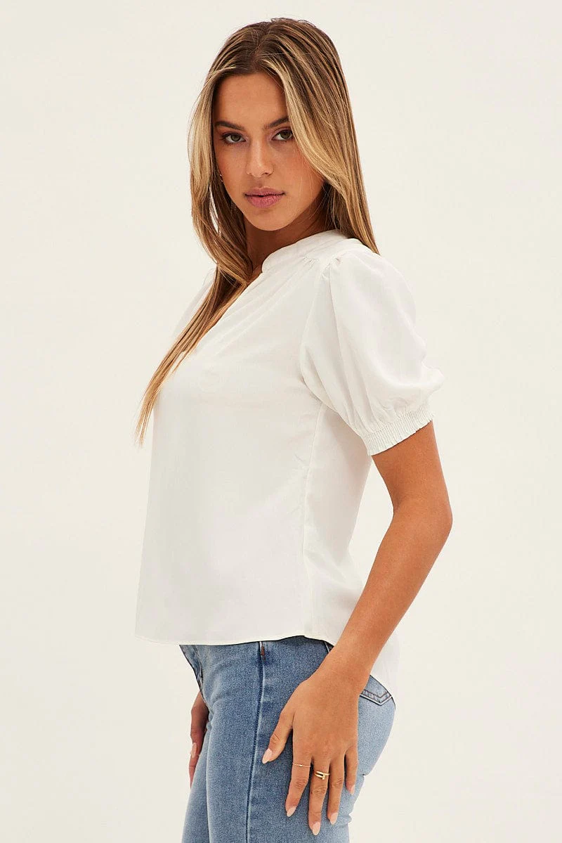 White Top V Neck Short Sleeve Shirring Cuff