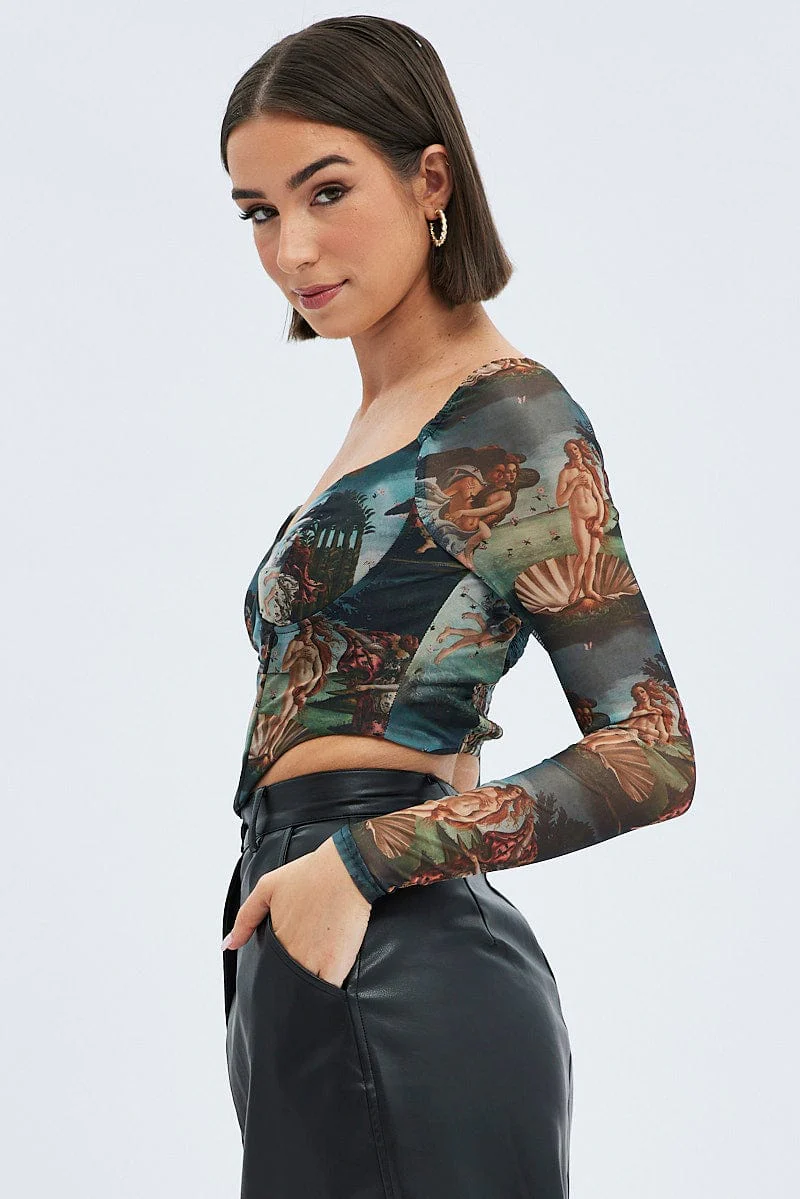 Multi Print Crop Top Long Sleeve Sweetheart Mesh Shirred