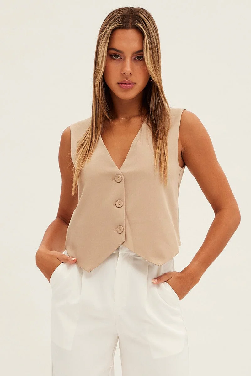 Beige Top Waistcoat Sleeveless V Neck Button Up Relaxed