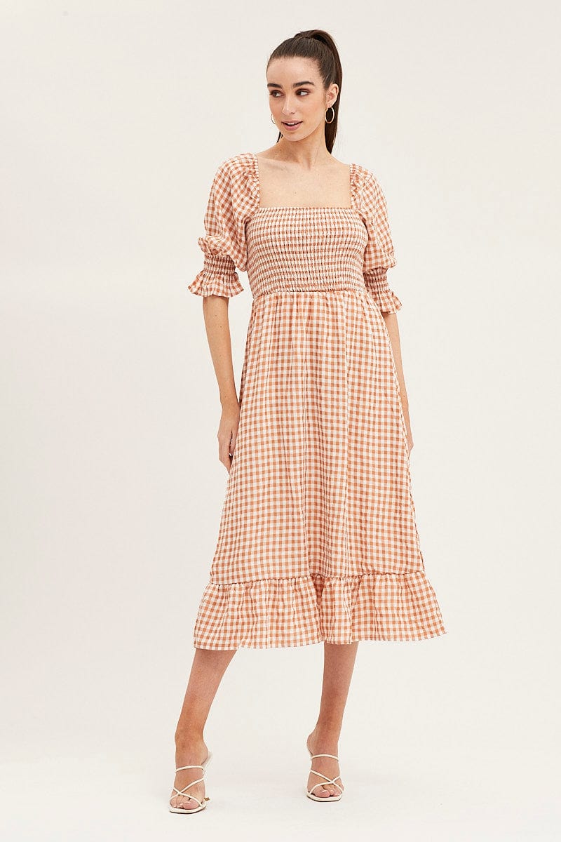 Check Shirred Bust Midi Dress